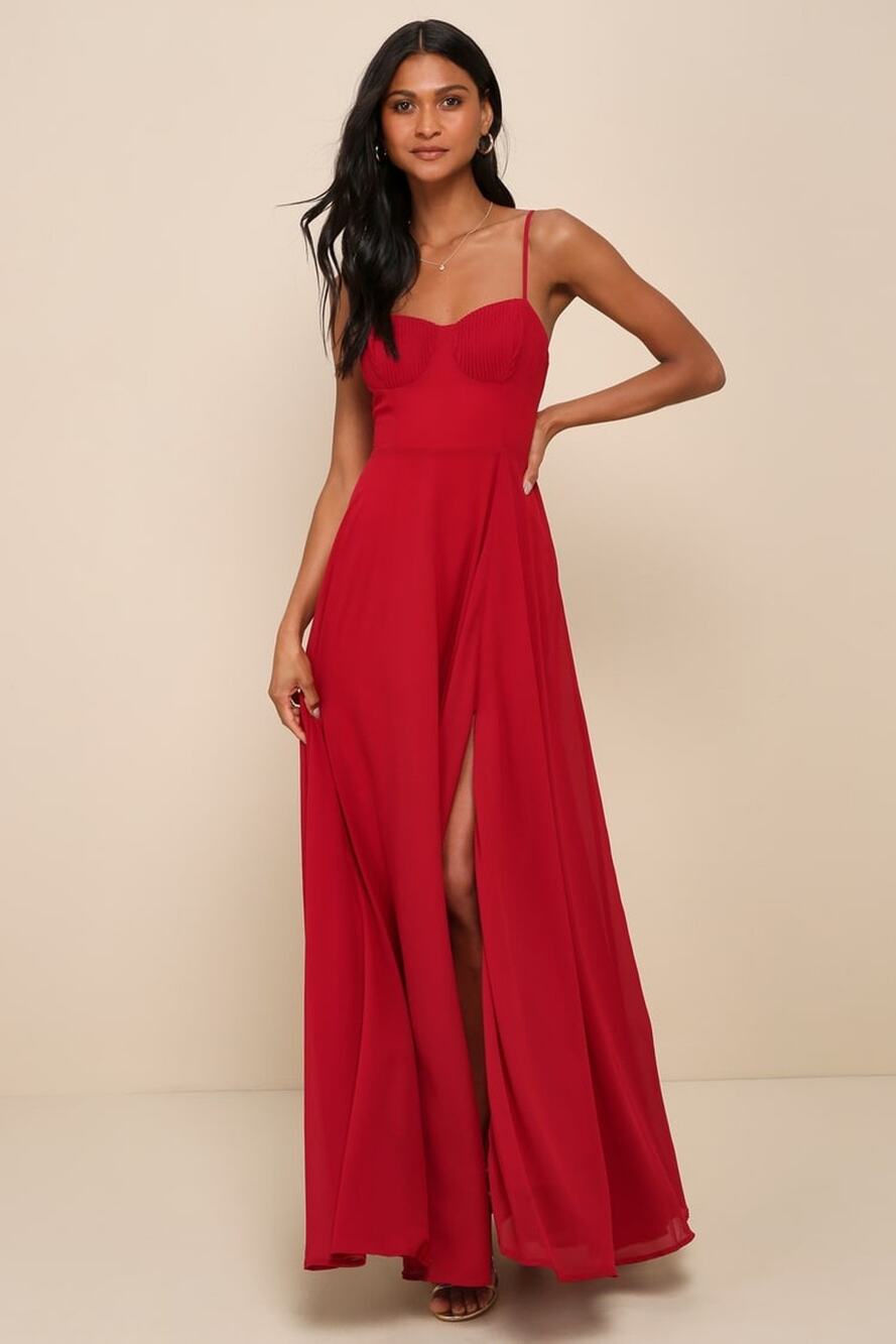 NWT Lulus Cause for Commotion Red Pleated Bustier Maxi Dress Gala Banquet Size S